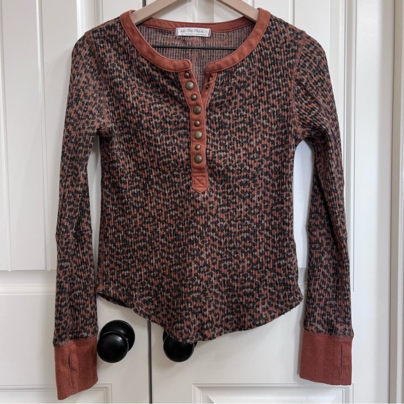 We The Free Tops - We The Free Everest Waffle Knit Henley Top in Brown Leopard Print, Size S